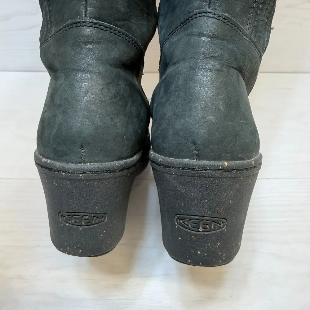 KEEN Zurich High Boot Womens Size 8.5 Black Leather Wedge Heel Mid Calf Side Zip